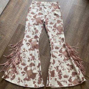 Altar’d State Cow Print Fringe High Rise Flares Size L